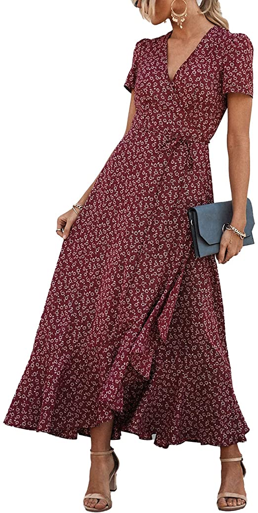 Burgundy floral wrap dress with ruffles