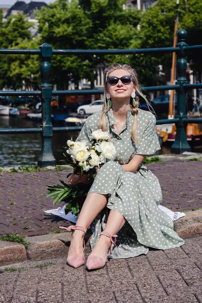 Green polka dot maxi dress with short sleeves