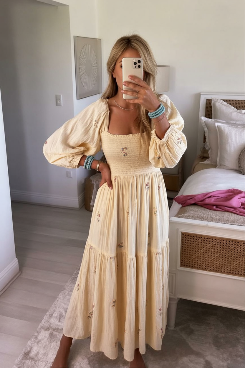 Yellow smocked maxi dress with long sleeves