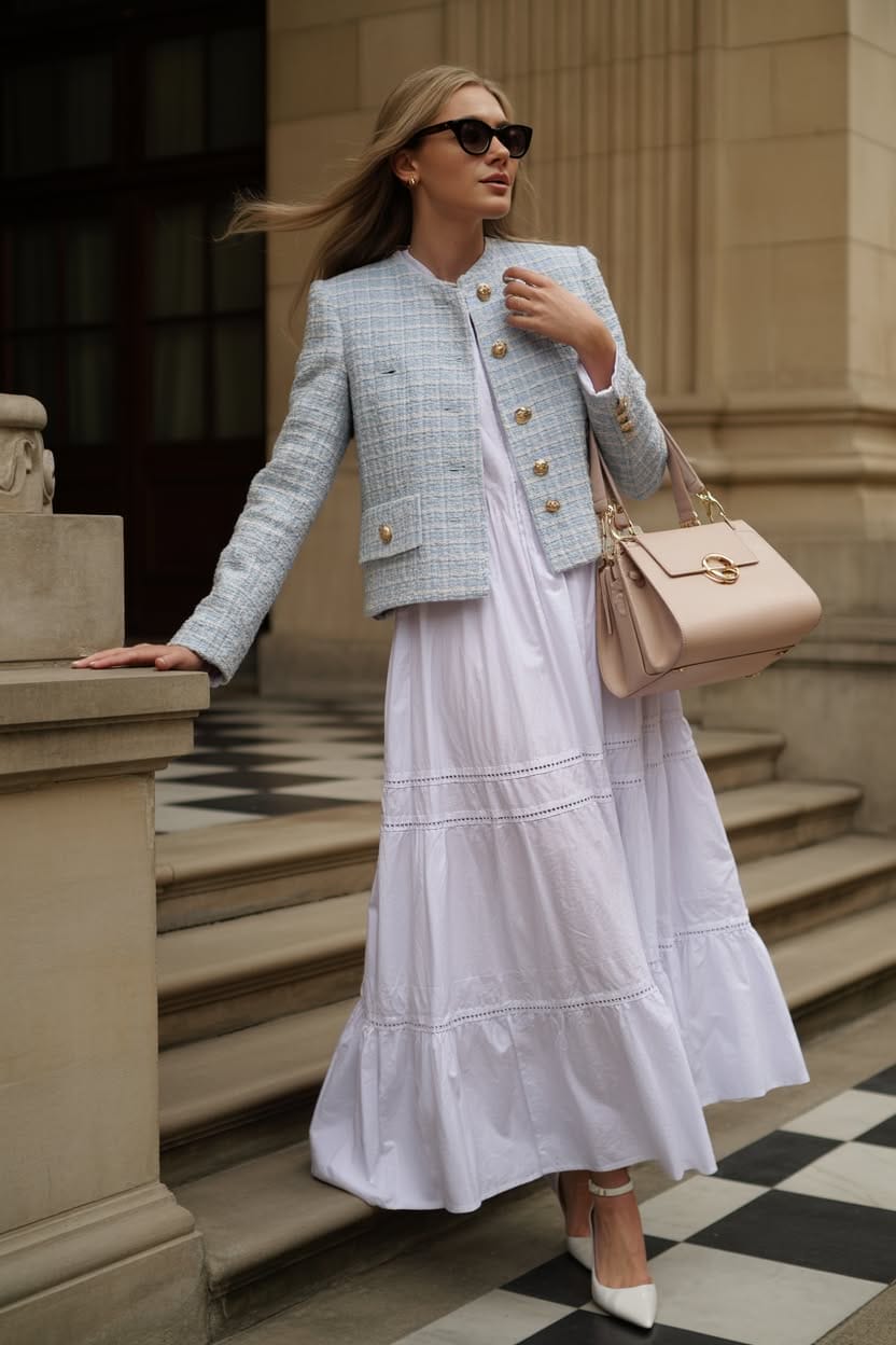 White maxi dress with blue tweed jacket