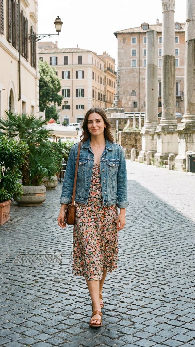 Woman in floral dress with denim jacket, urban spring style
