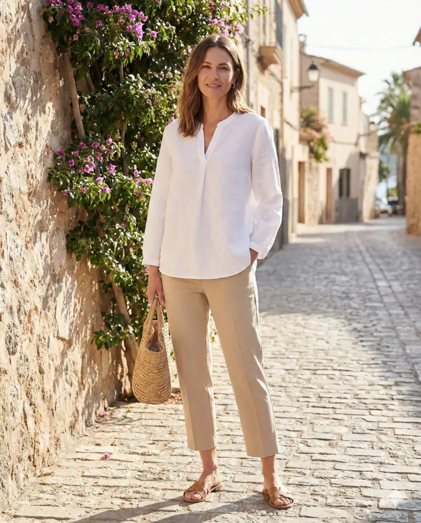 Woman in white blouse and beige pants, spring neutrals fashion