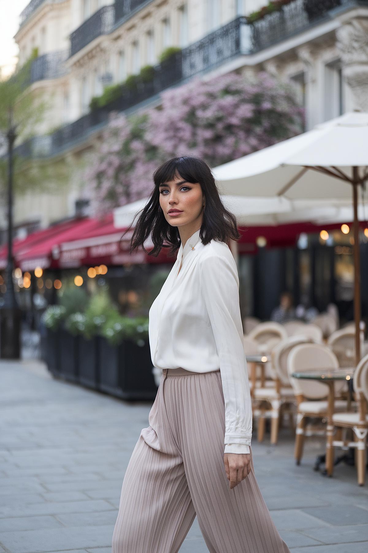 Woman in pleated trousers with white blouse, elegant spring look