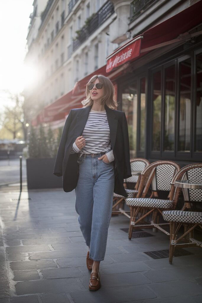 Woman in striped top with blazer and jeans, casual stylish look