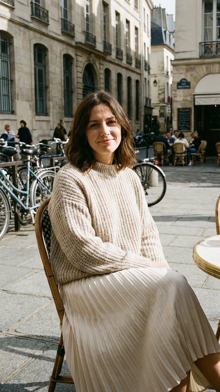 Woman in beige sweater and pleated skirt, classic neutral style