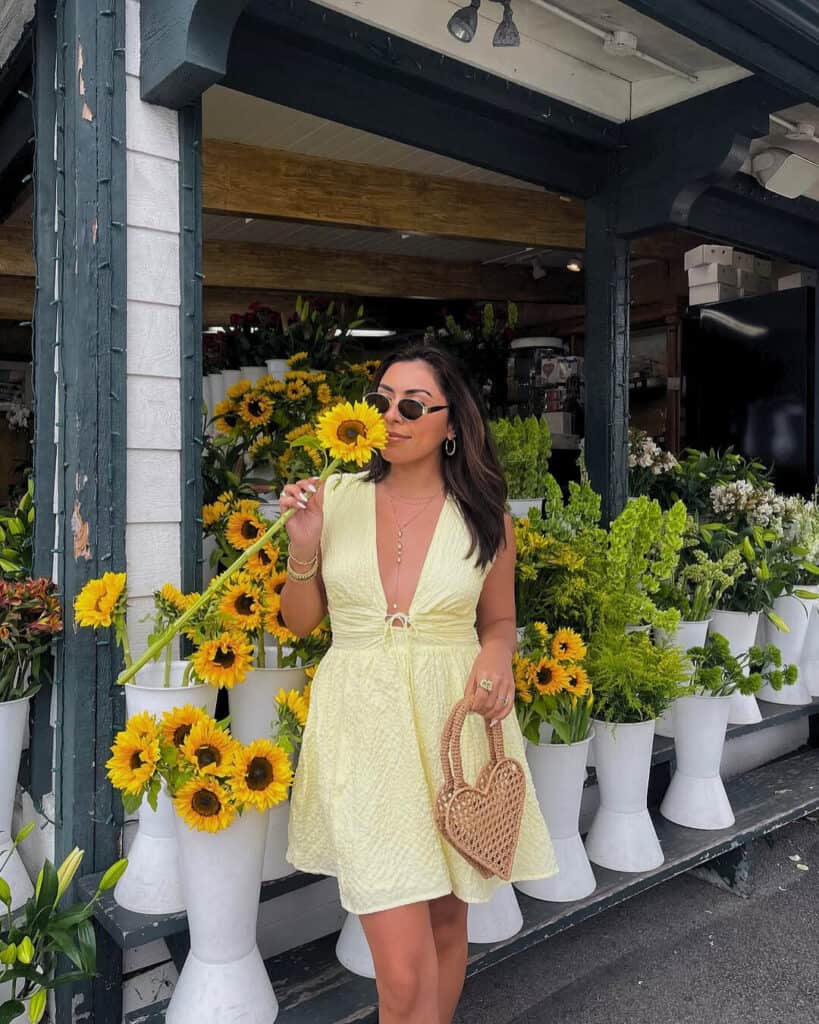 Woman in yellow dress, cheerful spring fashion