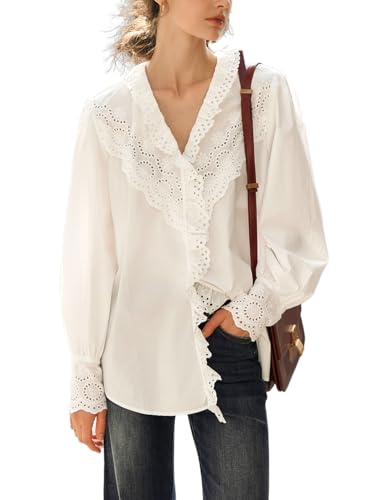 Woman in white blouse with lace details, romantic spring style