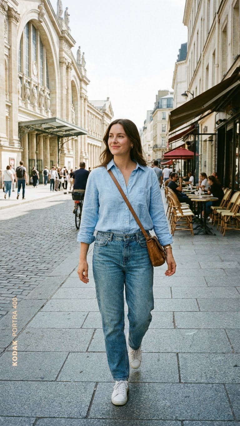 Woman in chambray shirt and jeans, casual urban style