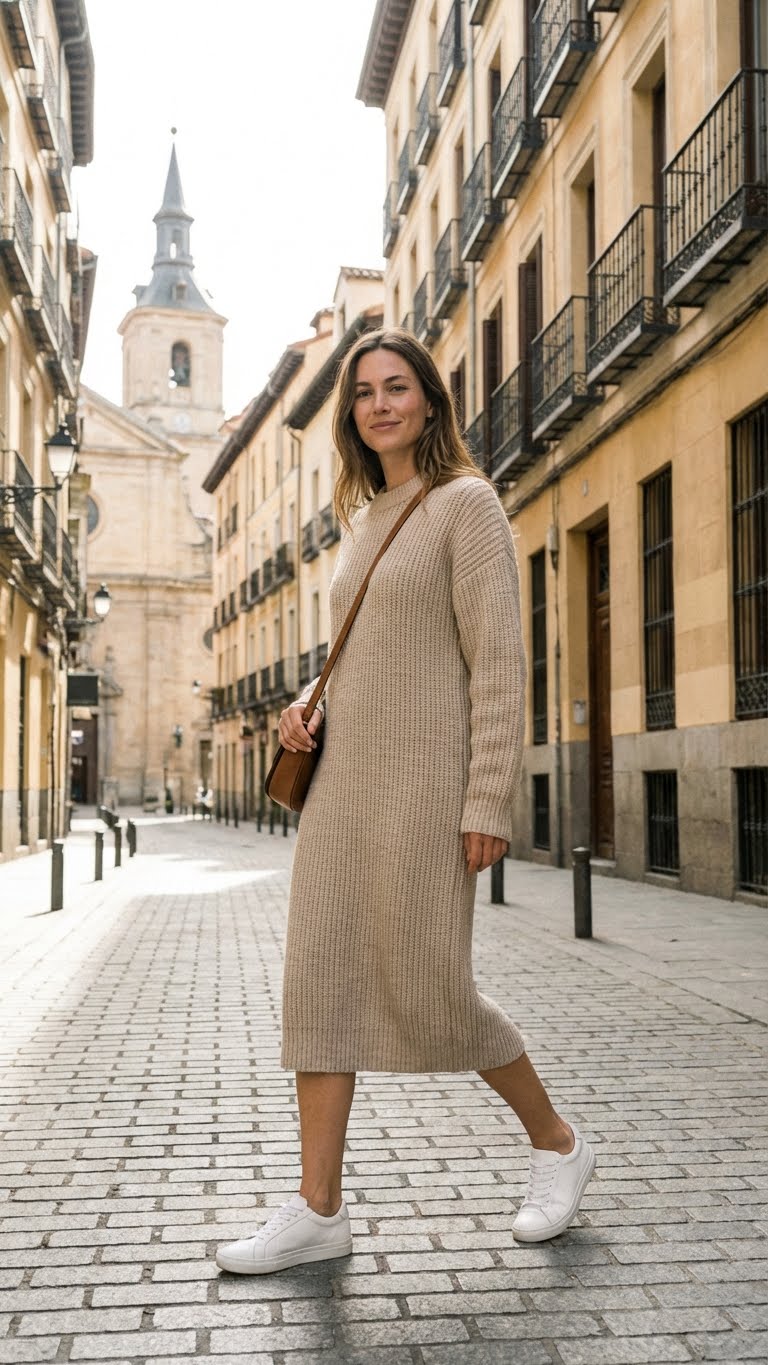 Woman in knit dress, casual urban style