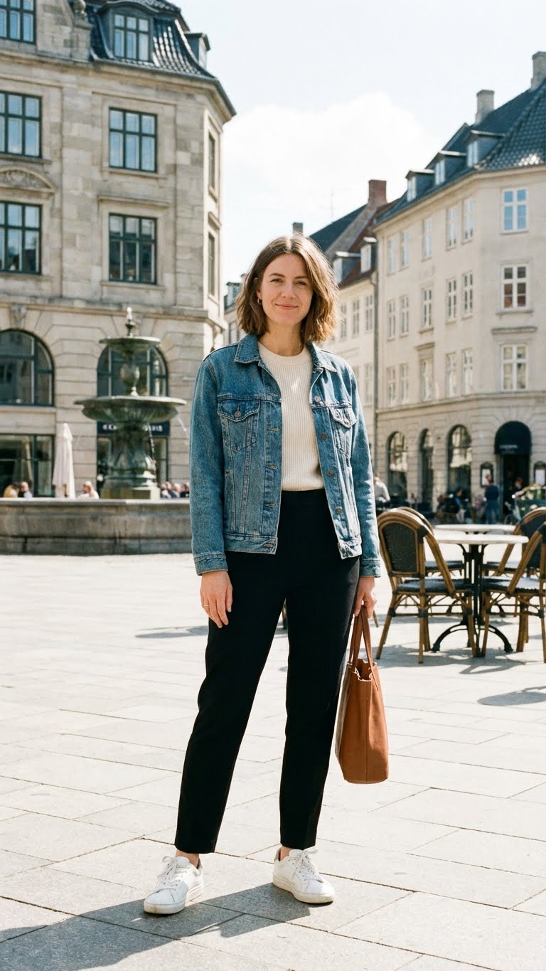 Woman in denim jacket and black pants, casual spring style