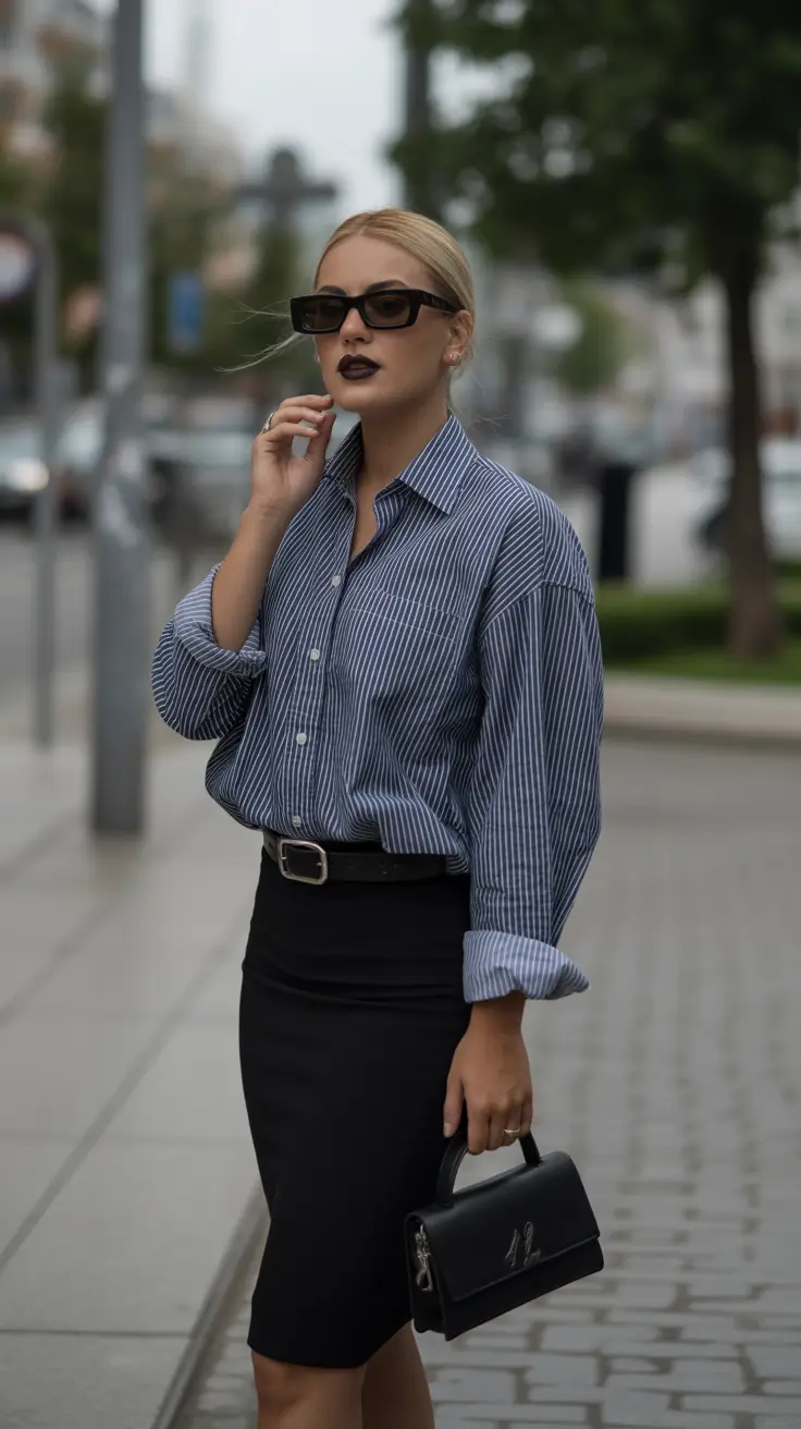 Striped shirt with pencil skirt, sunglasses, urban setting