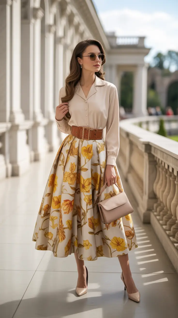 Floral A-line skirt with belt, cream blouse, outdoor setting