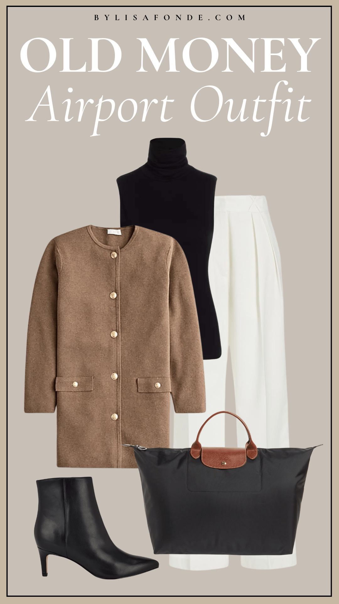 Neutral layered outfit with coat, turtleneck, trousers, and bag, travel setting