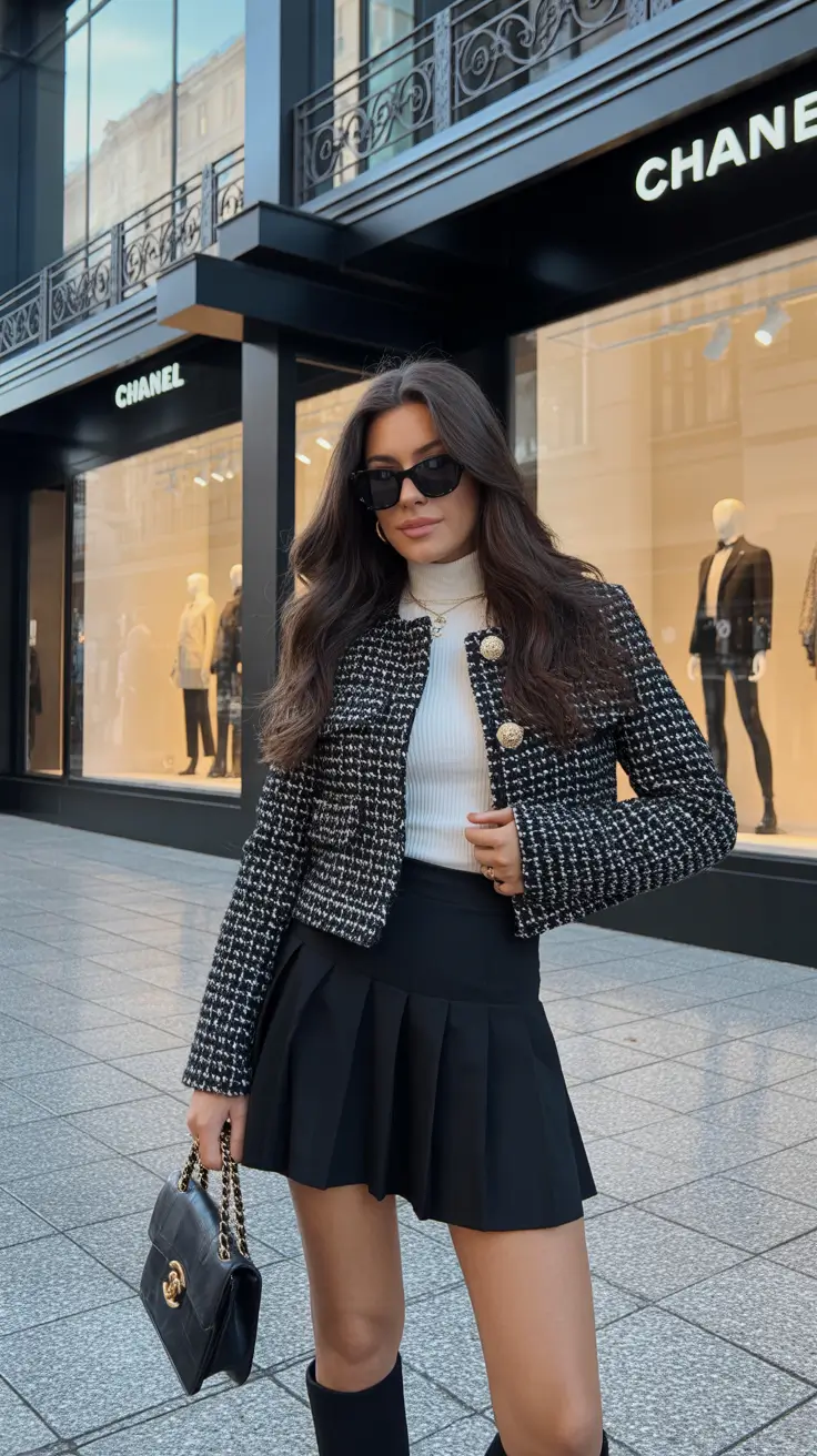 Tweed jacket with pleated skirt, elegant city setting