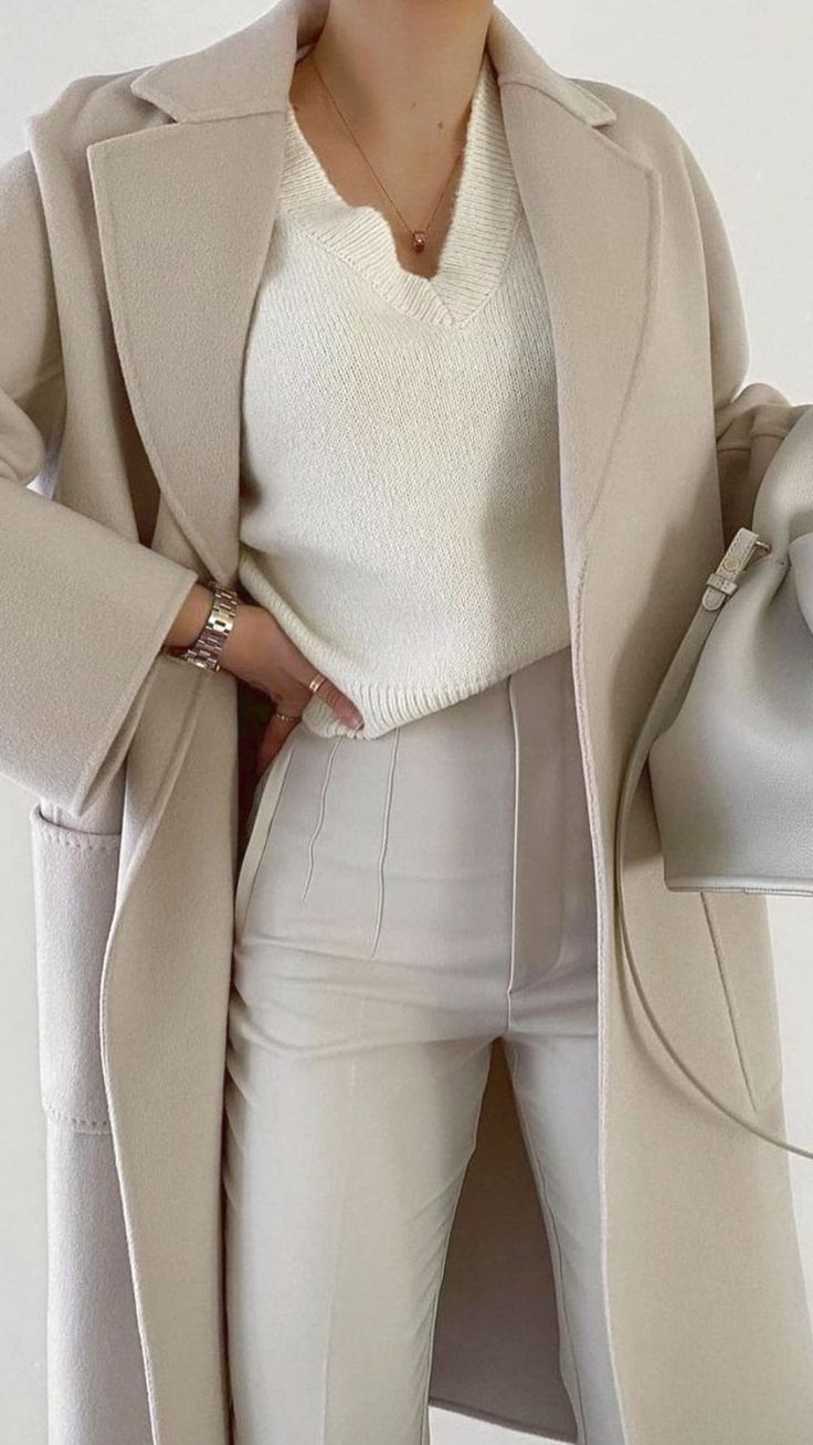 Neutral coat with knit and trousers, chic winter look
