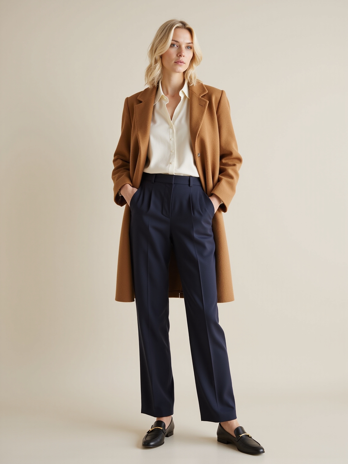 Camel coat with navy trousers, elevated office look