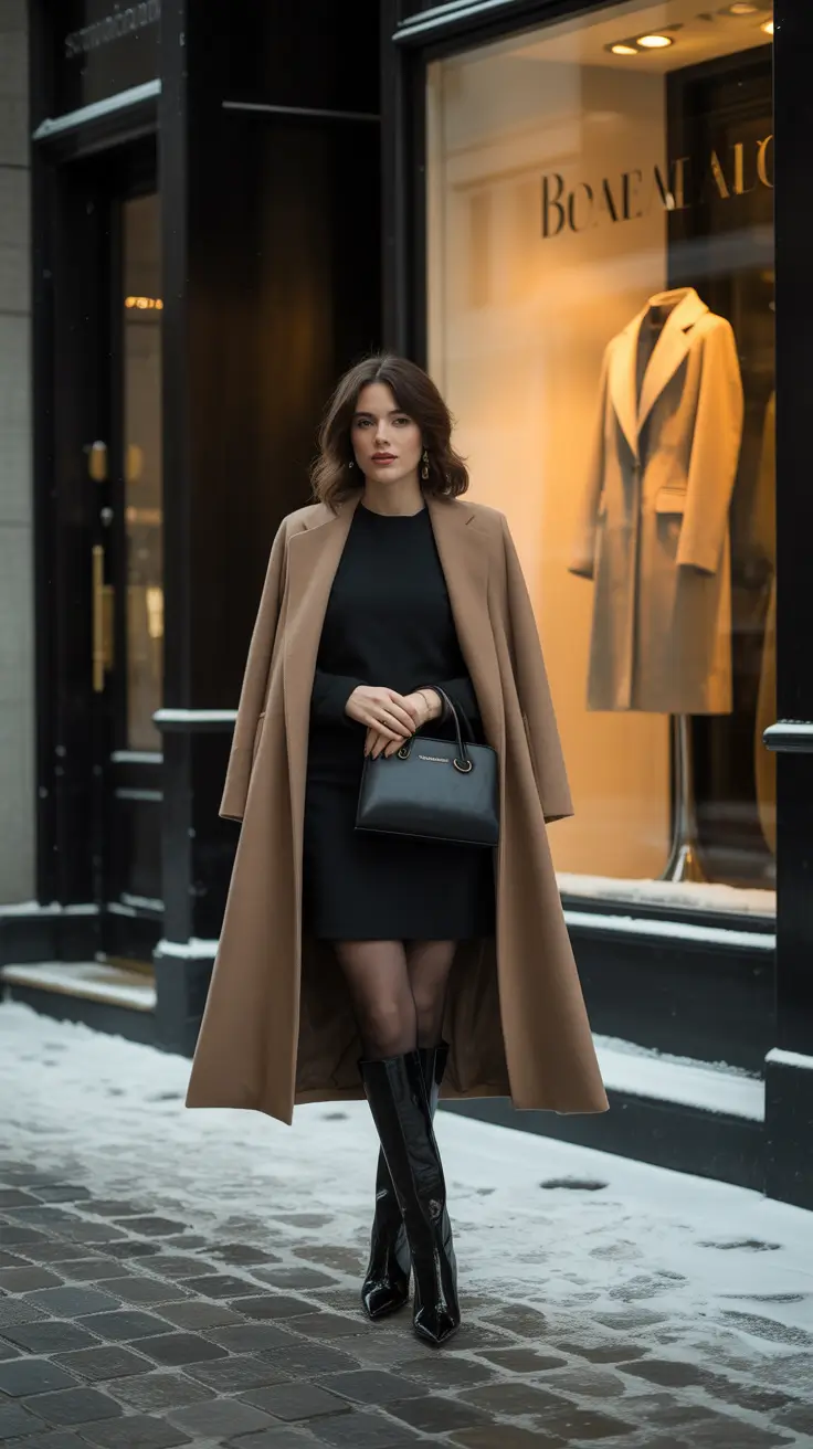 Camel coat with black dress, winter city style
