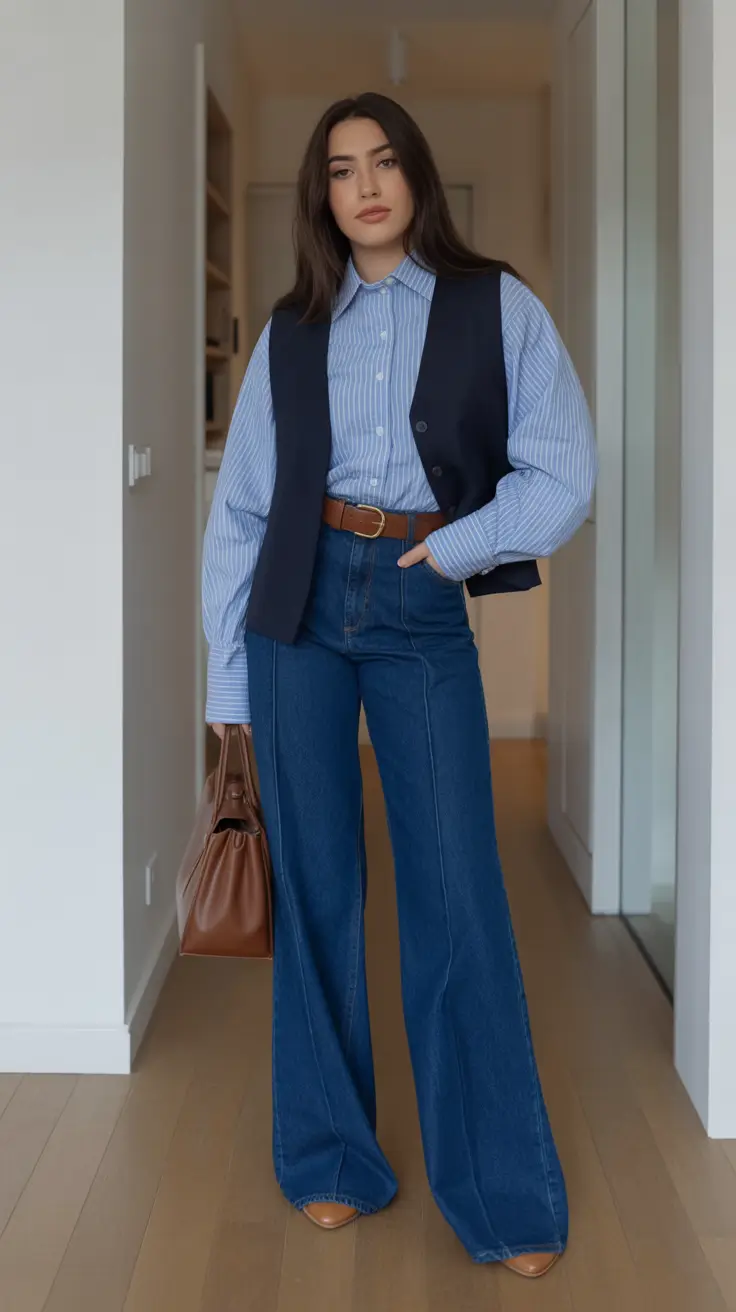 Striped shirt with denim, relaxed indoor look