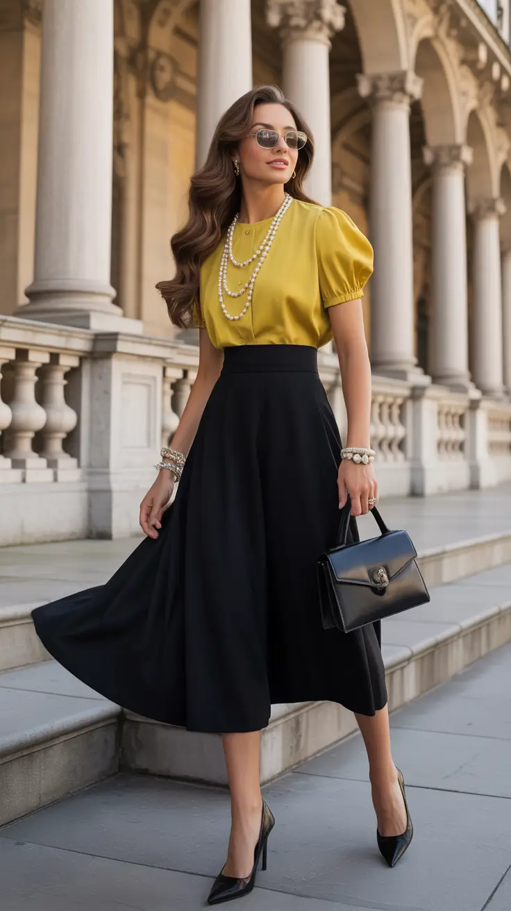 Yellow blouse with black skirt, formal elegance