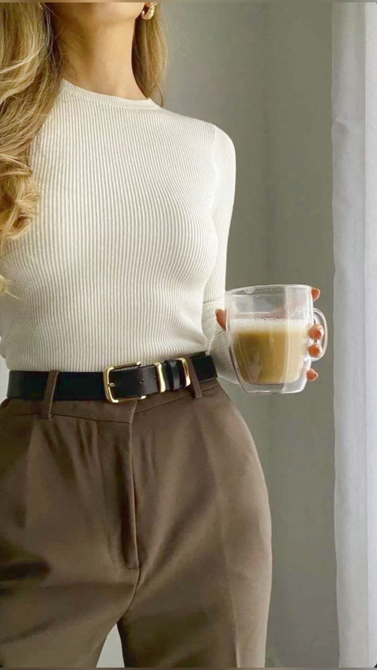 Neutral knit top with trousers, minimalist style