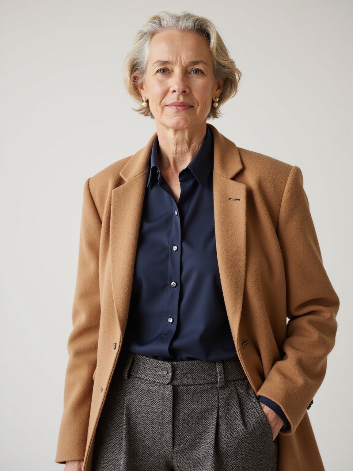 Camel coat with tailored trousers, mature elegance