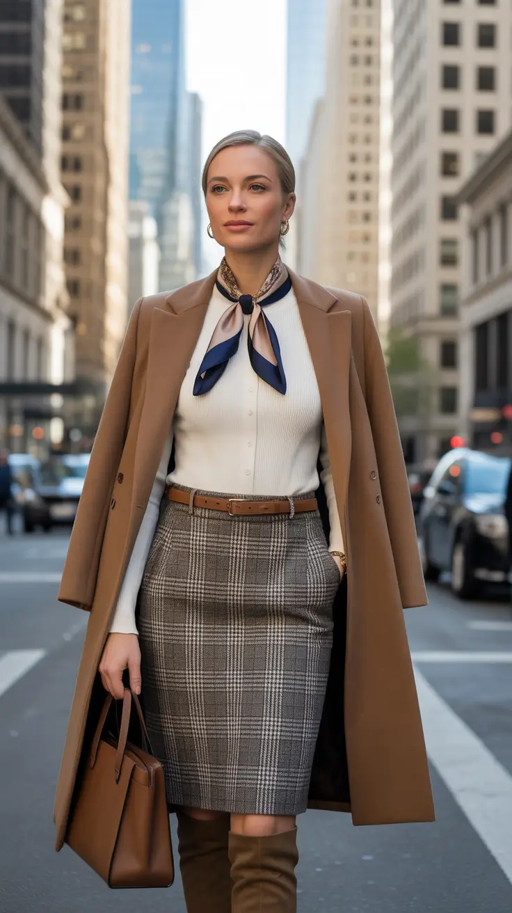 Camel coat with plaid skirt, urban office style