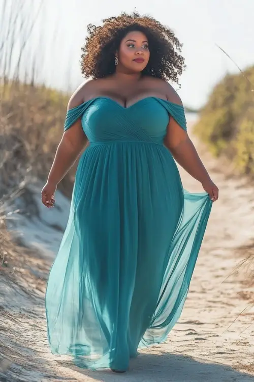 Teal off-shoulder gown, beach event