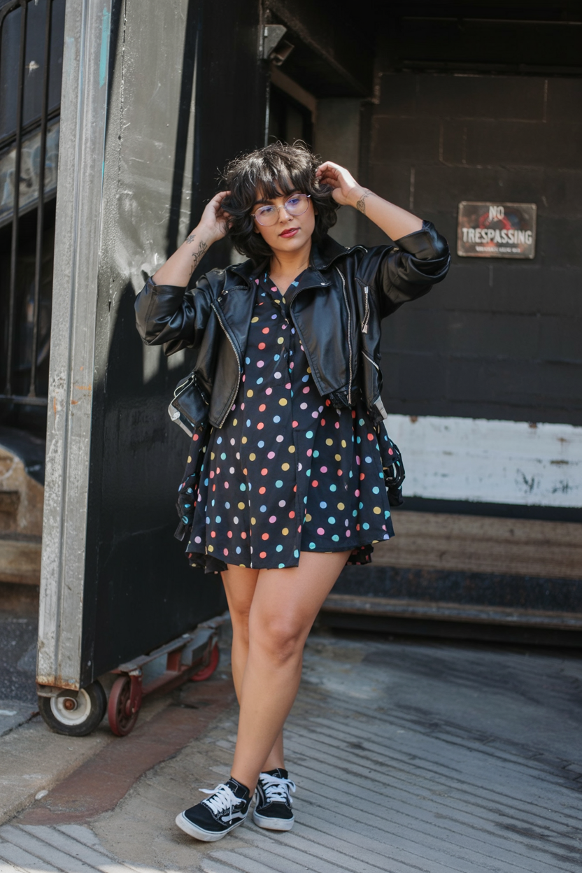 Polka dot dress with leather jacket, urban edge