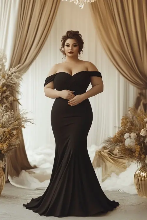 Black off-shoulder gown, elegant evening wear