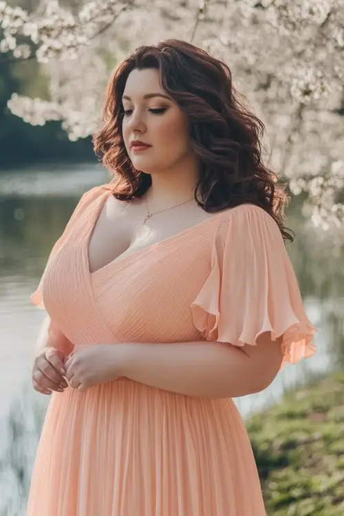 Peach dress with flutter sleeves, spring elegance