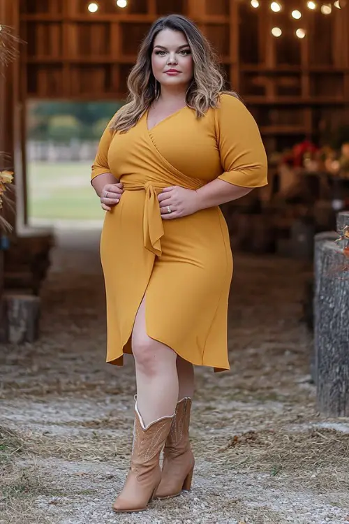 Mustard wrap dress, casual western style