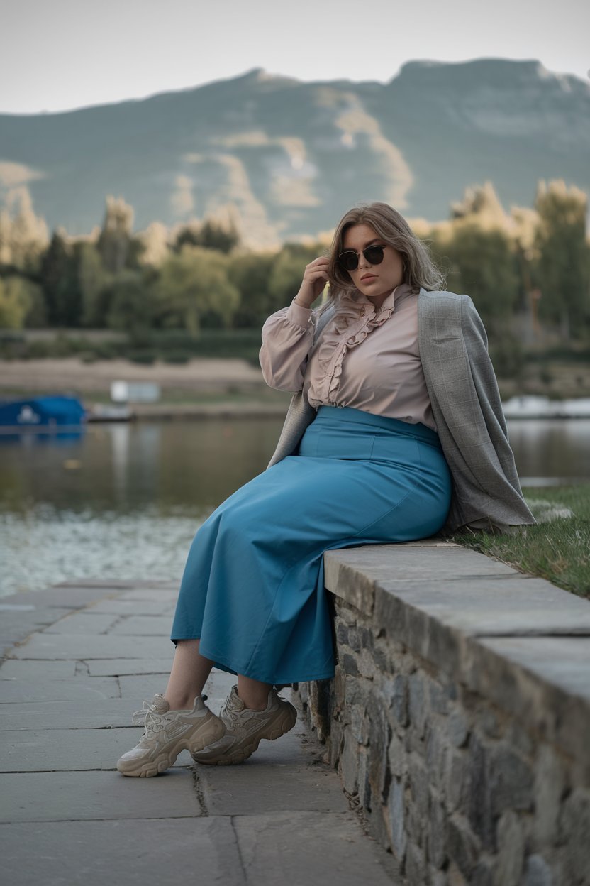 Plus size woman in blouse and long skirt by the lake, elegant spring fashion.