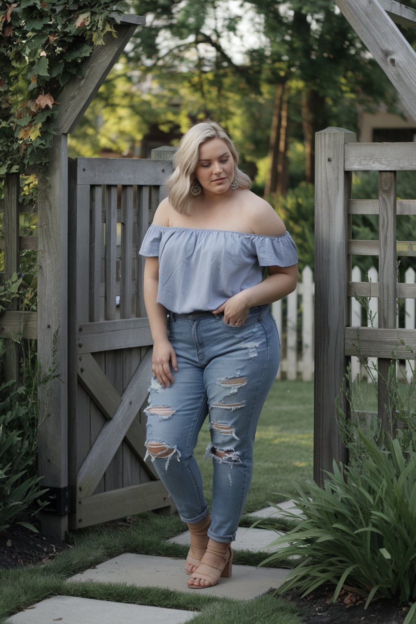Plus size woman in off-shoulder top and ripped jeans, casual spring style.
