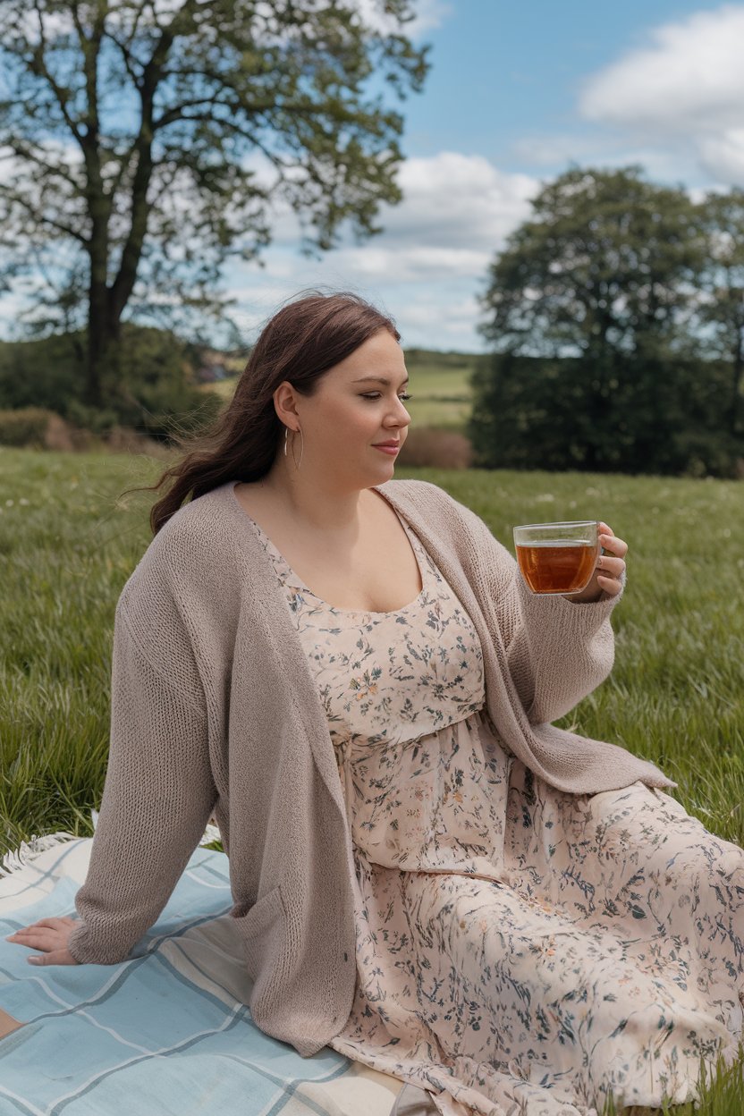 Plus size woman in floral dress with cardigan, spring picnic fashion.