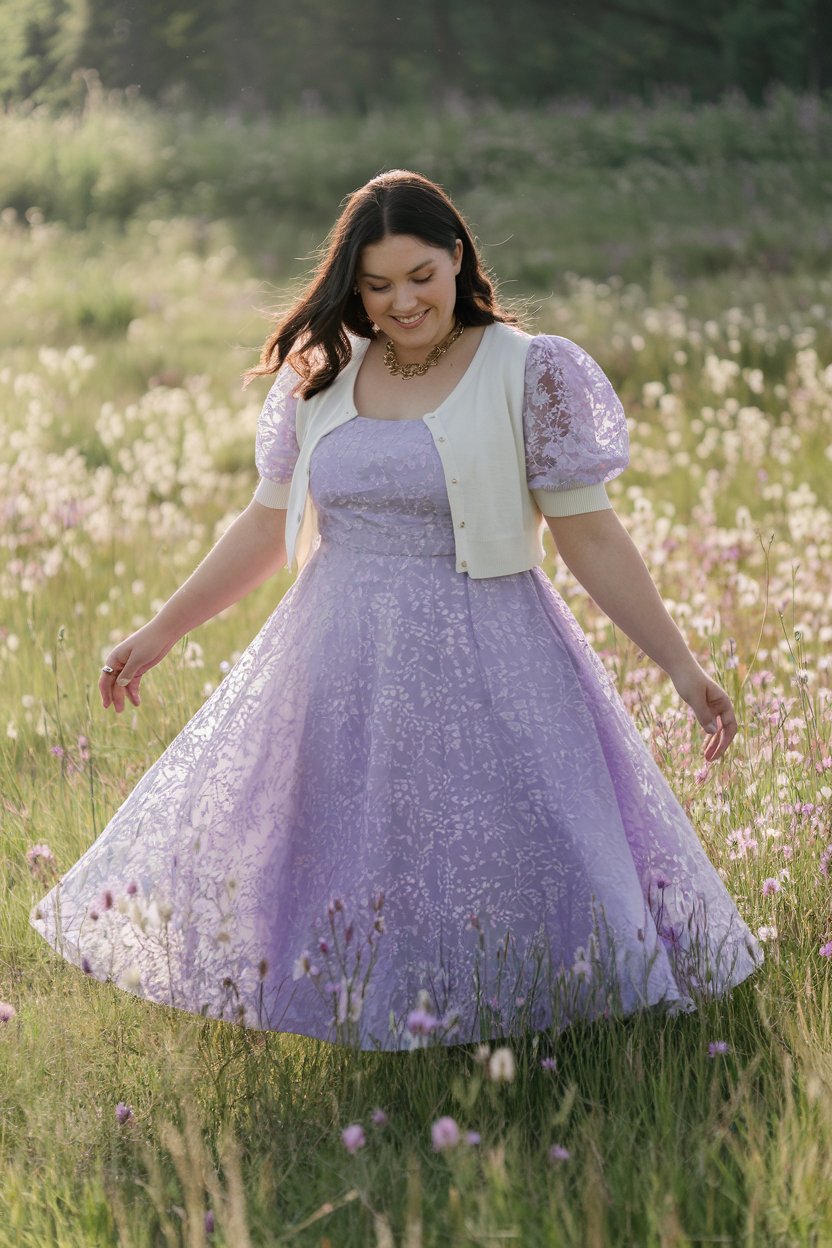 Plus size woman in lavender dress in a field, ethereal spring style.