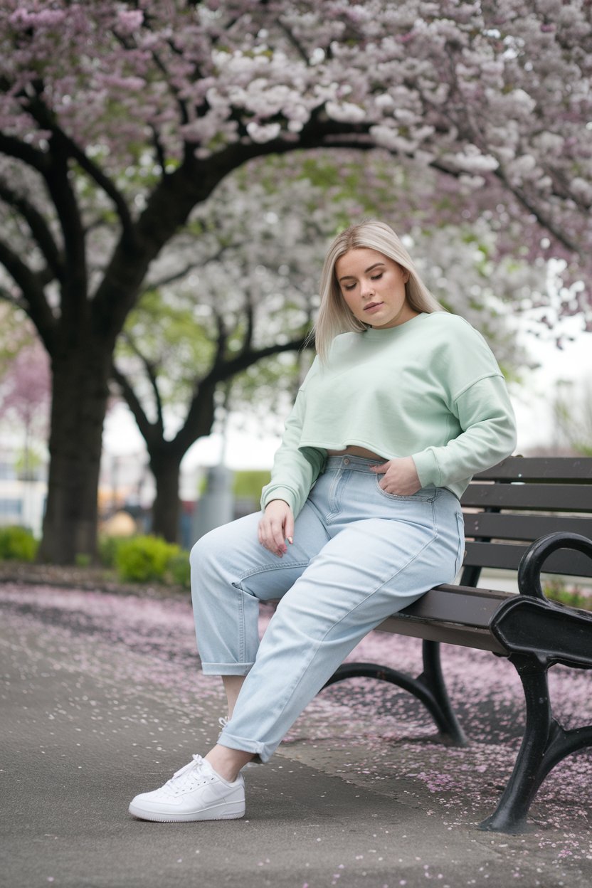 Plus size woman in mint sweater and jeans under cherry blossoms, casual spring look.
