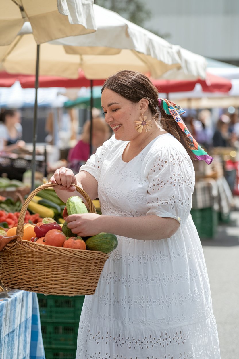 Plus size woman in white eyelet dress at a market, spring style.
