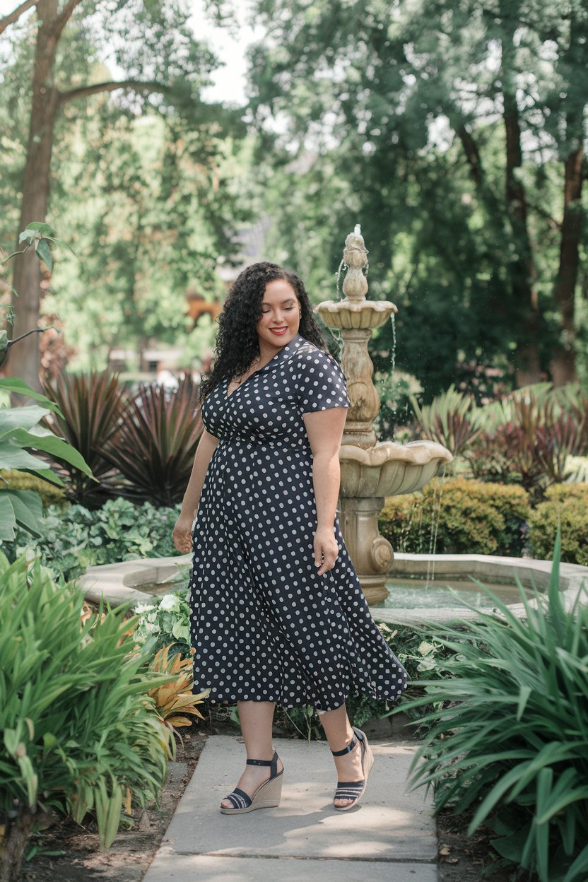 Plus size woman in polka dot dress by a fountain, classic spring style.