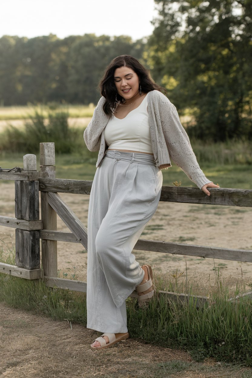 Plus size woman in neutral cardigan and pants in a field, relaxed spring fashion.