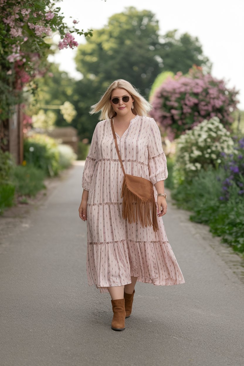 Plus size woman in floral maxi dress and fringe bag, bohemian spring fashion.