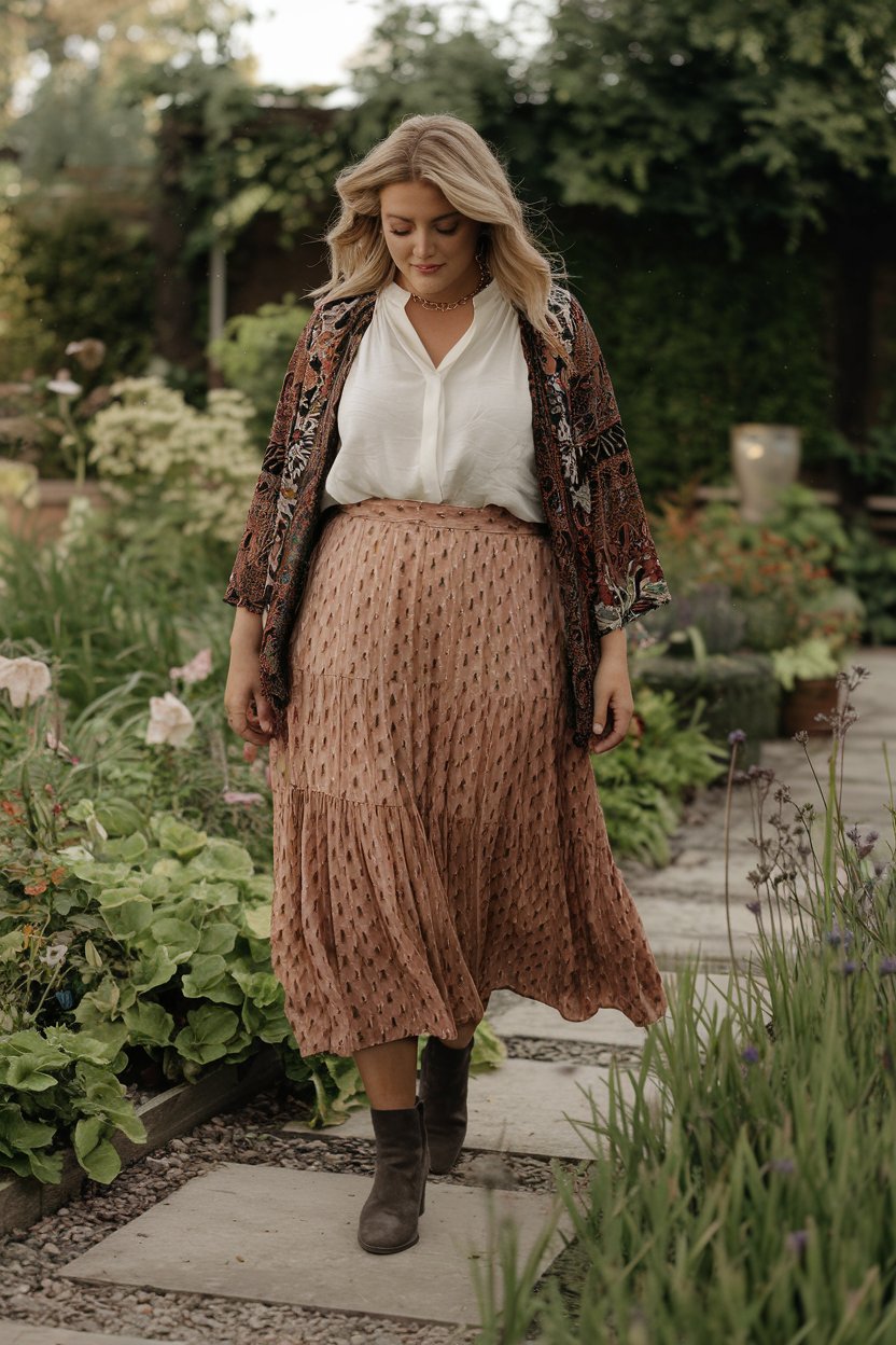 Plus size woman in earth-toned skirt and patterned jacket, layered spring fashion.