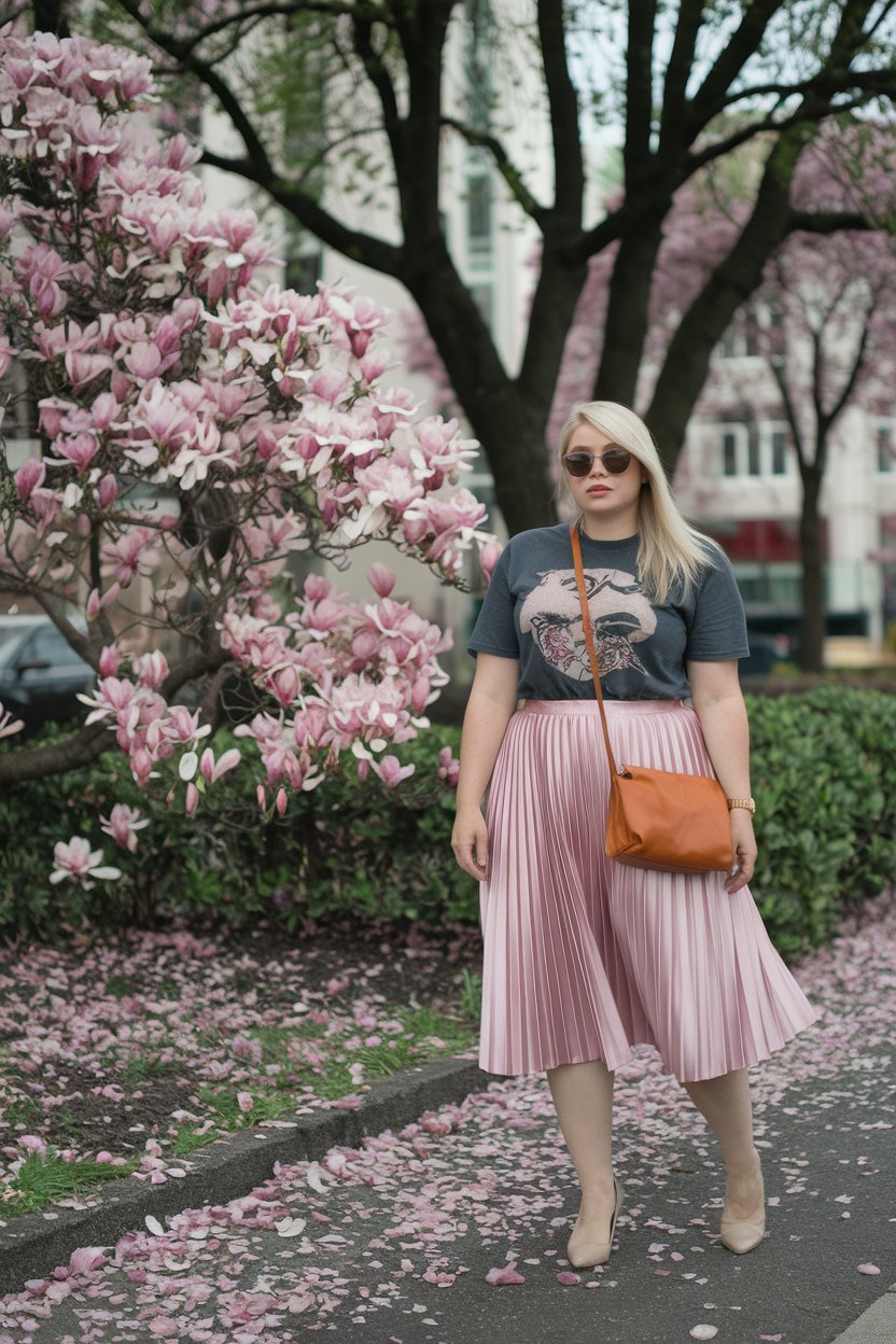 Plus size woman in graphic tee and pleated skirt, urban spring fashion.
