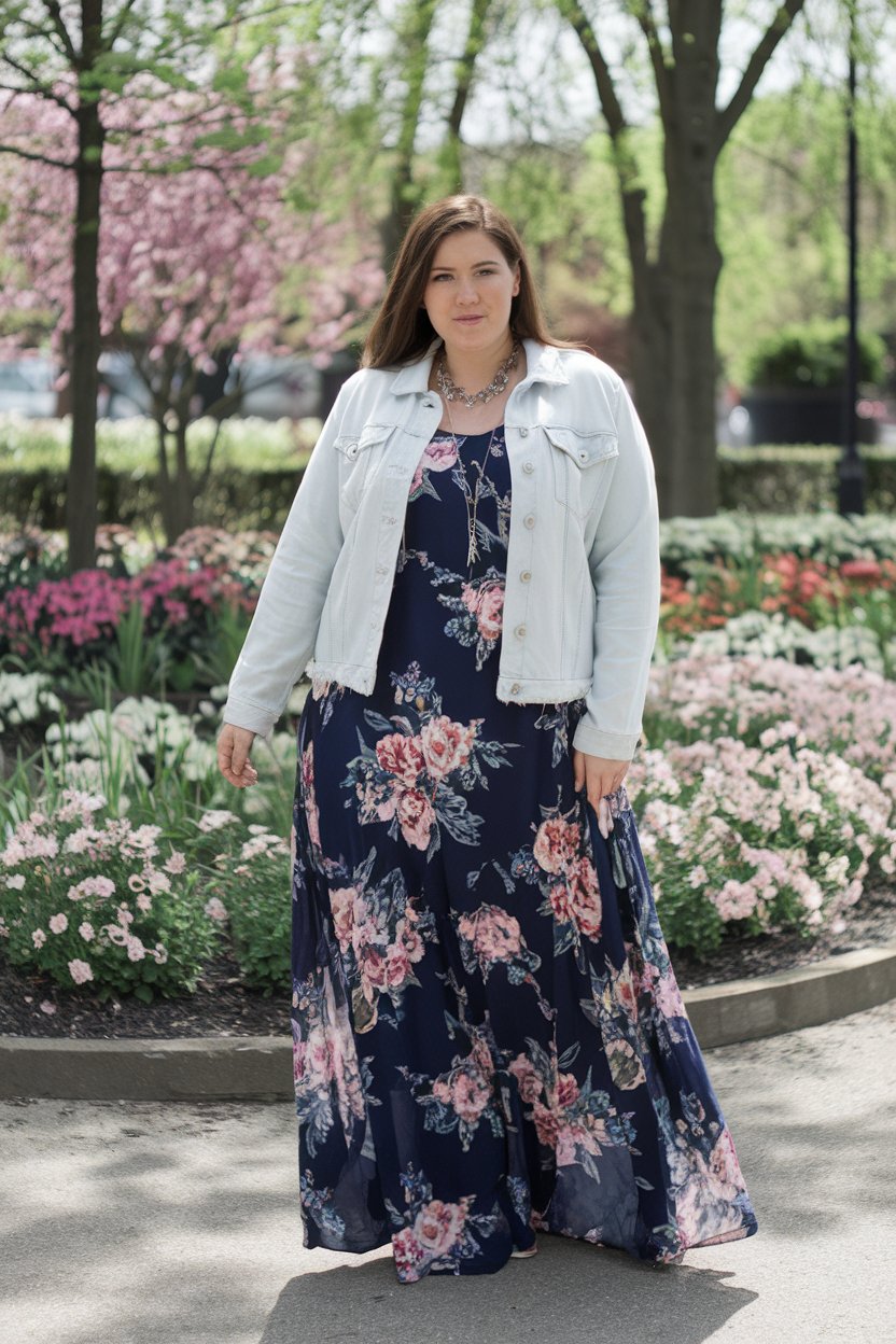 Plus size woman in floral maxi dress and denim jacket, casual spring style.