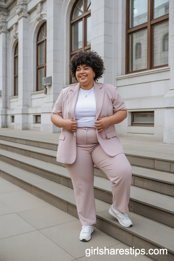Plus size woman in blush suit and white tee, elegant spring workwear.