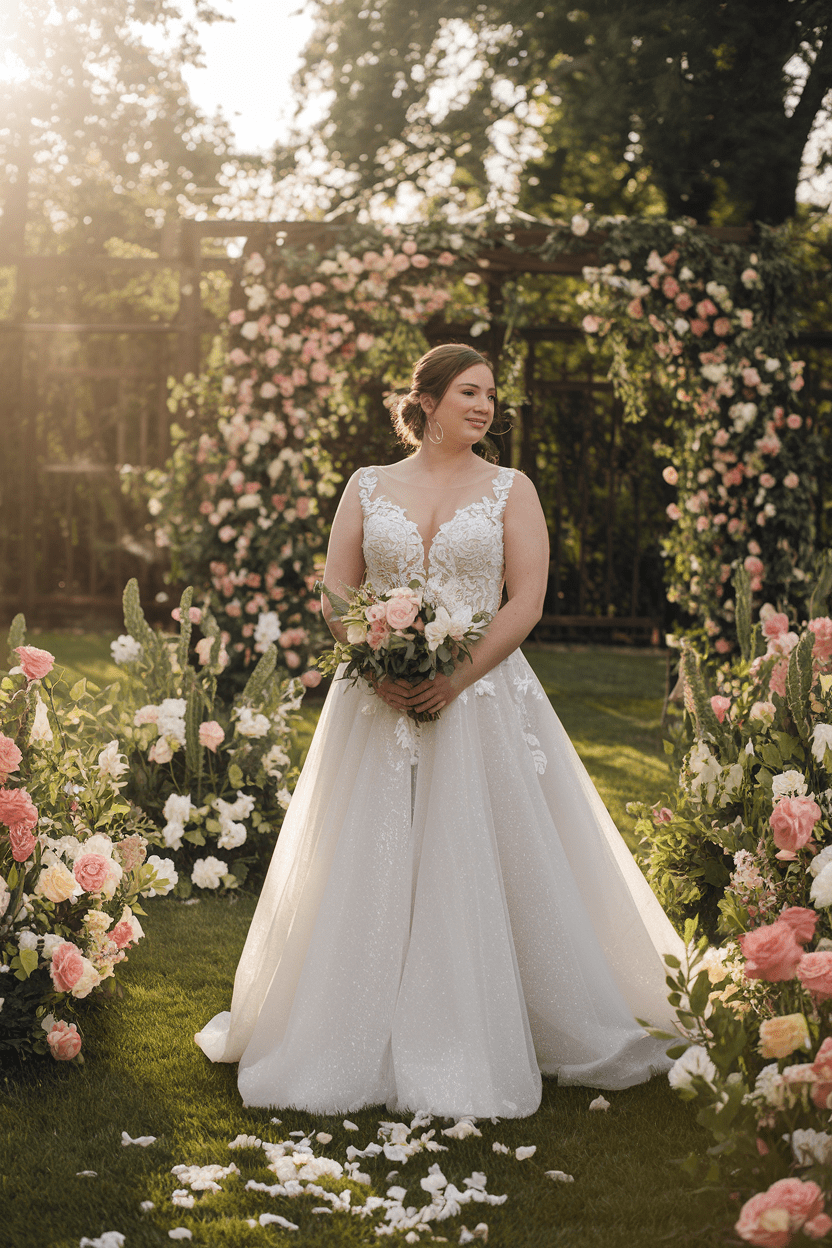 Bride in a romantic garden setting with floral decor