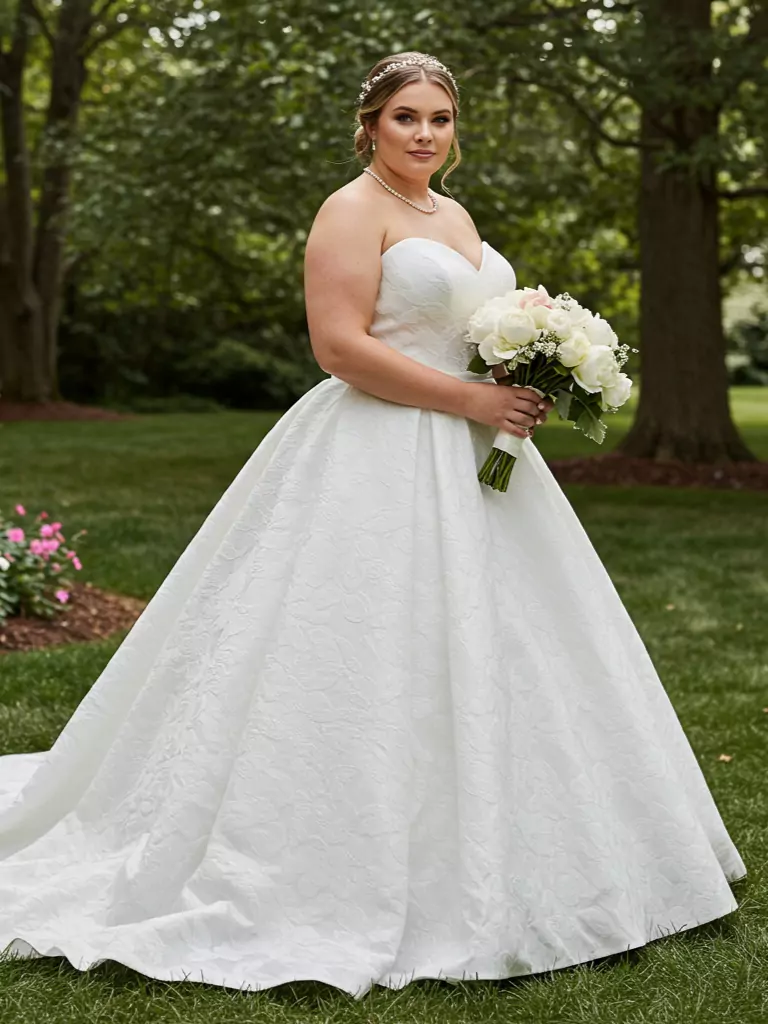 Bride in a classic ball gown silhouette in a lush garden