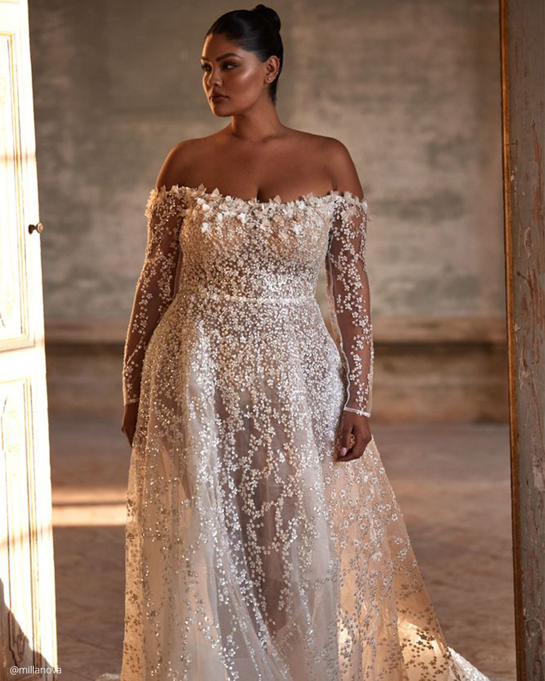 Off-shoulder sequin gown in vintage setting