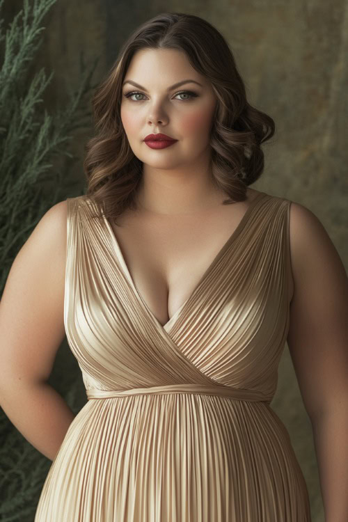 Gold pleated Grecian dress with red lips