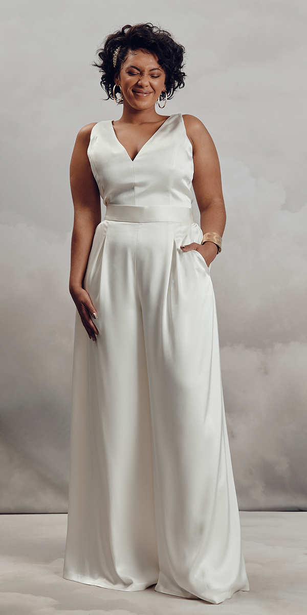 White satin bridal jumpsuit with pockets
