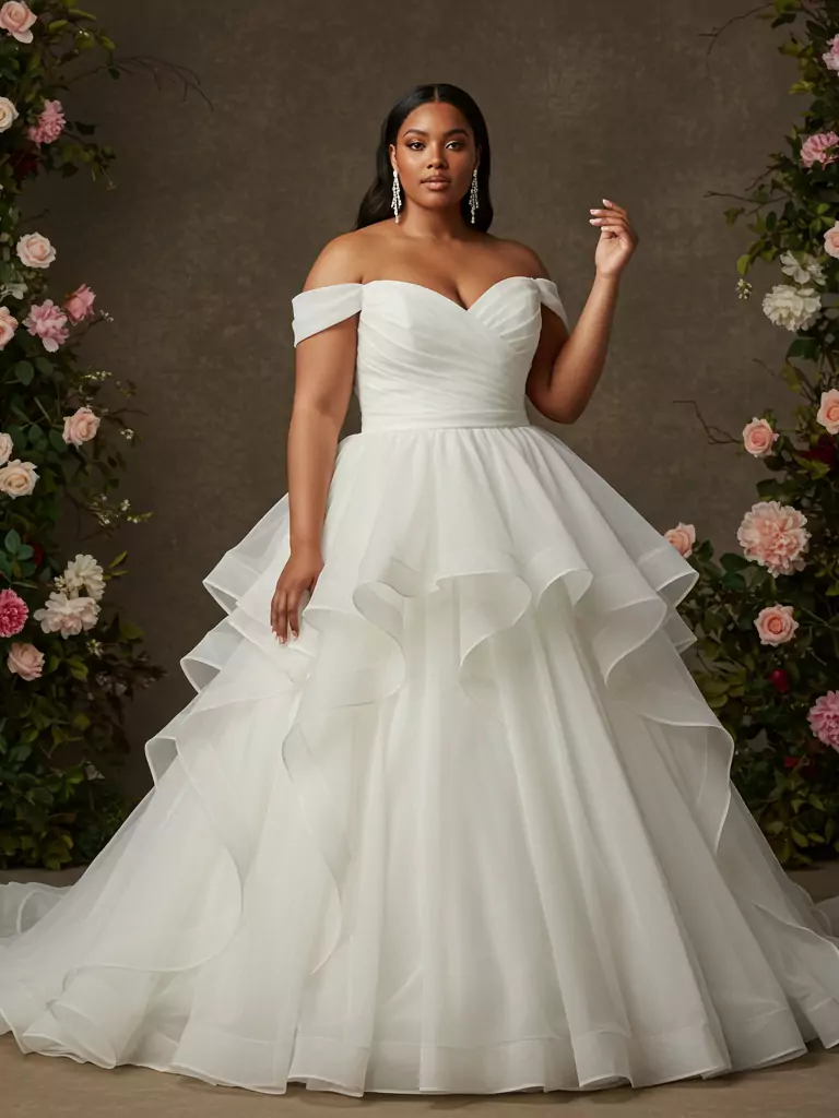 Off-shoulder layered organza gown